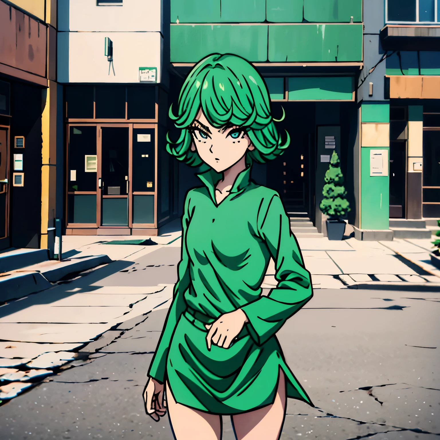 Chica tatsumaki caminando en la calle, usando ropa de emfermera, sexy, cabello verde, sonrrojada