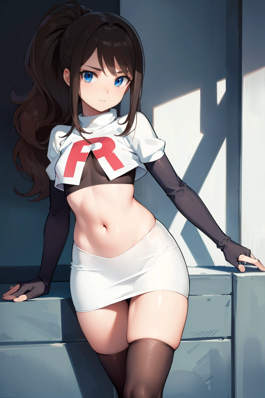 pokemonhilda, pokemonhilda, blue eyes, brown hair, long hair, ponytail, (small breasts:1.2),
BREAK baseball cap, hat, team rocket,team rocket uniform, red letter R, white skirt,white crop top,black thigh-highs,black elbow gloves
BREAK looking at viewer,
BREAK (masterpiece:1.2), best quality, high resolution, unity 8k wallpaper, (illustration:0.8), (beautiful detailed eyes:1.6), extremely detailed face, perfect lighting, extremely detailed CG, (perfect hands, perfect anatomy),