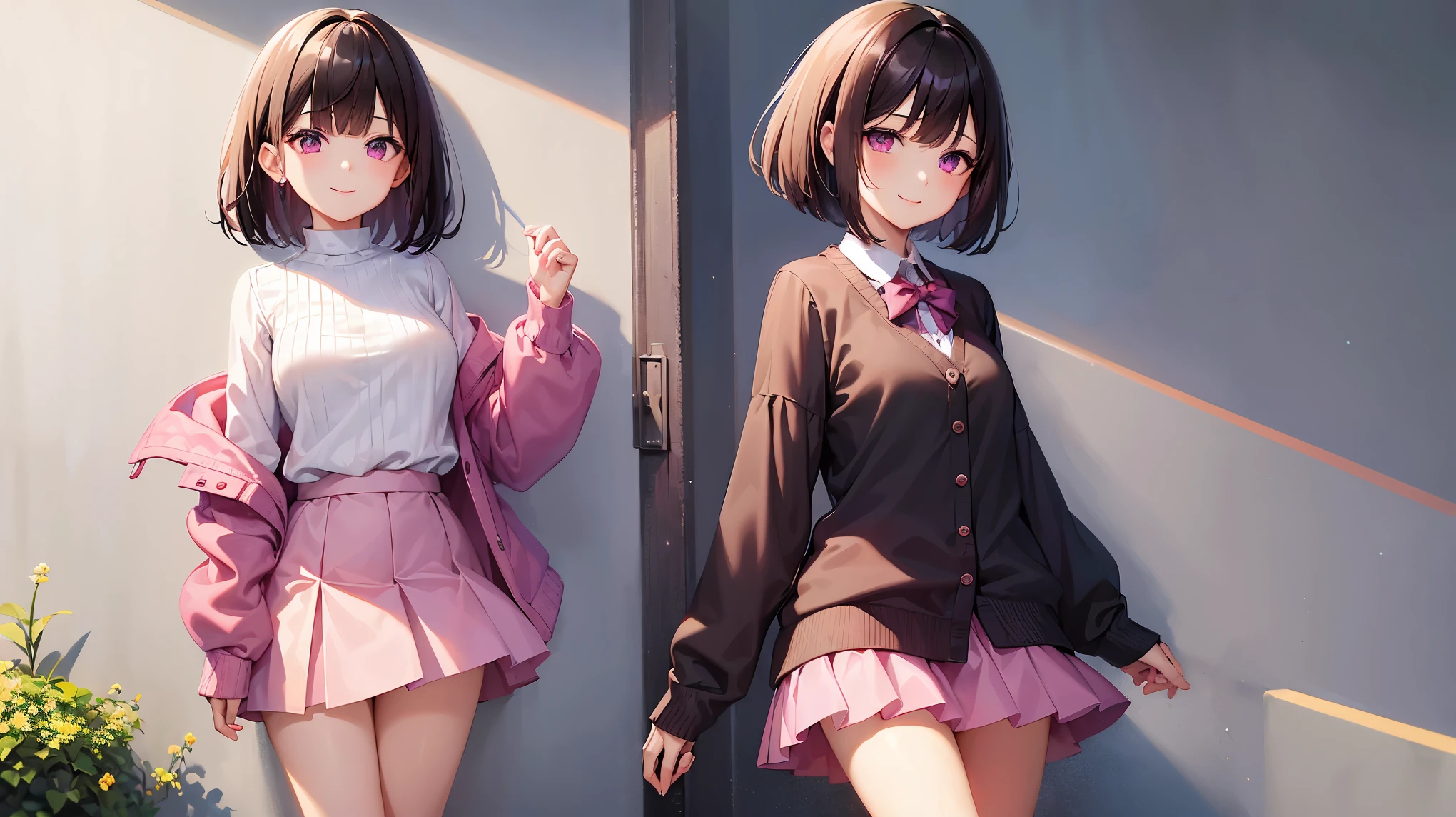 very cute girl、dark brown hair、bob cut、short hair、Violet eyes、smile、Crystal clear white skin、white blouse、pink cardigan、Red skirt、Black knee-high、whole body、grassland。