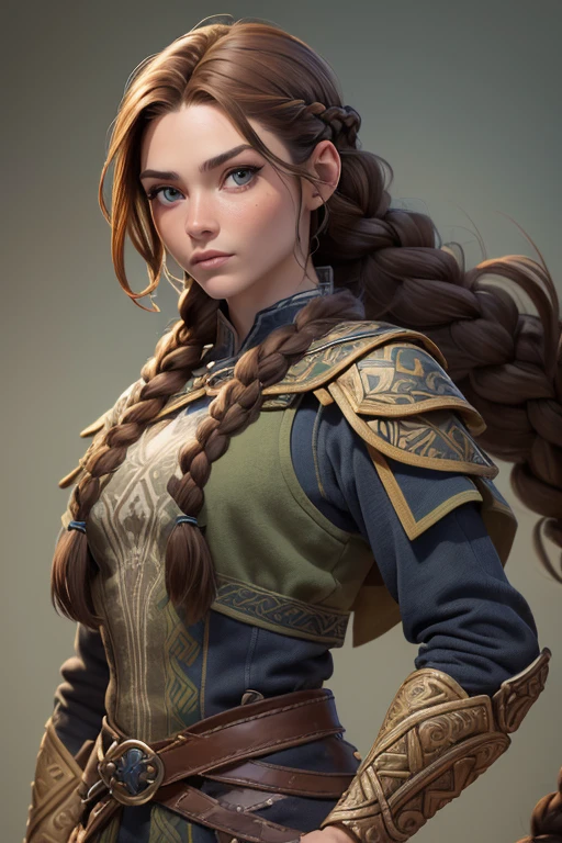 (Obra maestra, La mejor calidad) (young warrior woman of nordic descent), (ojos verdes), (Muscular), (falda de piel), (brown hair color),(loose hair with small braids on the scalp), (top con correa de cuero) plumas, capa sobre el hombro, bufas, (azul, gray and brown suit).