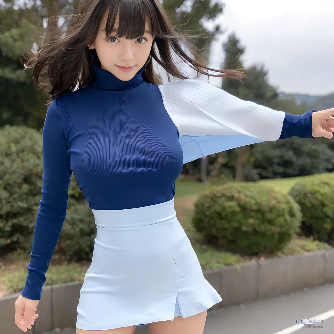 woman, 20 years old, black色波浪短发、Bangs、Puffy nipples、(White turtleneck sweater)、(blue dress), black、medium , cute smiley face、((Emphasize the posture of the hips、turn around))、Sexy buttocks、black色高跟鞋、big necklace、((((The wind blew my skirt, exposing my panties...))))、(Light blue lace