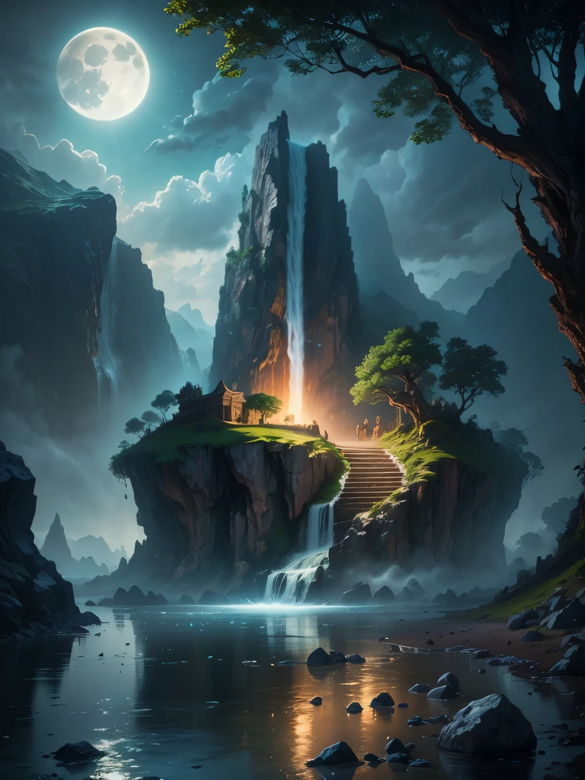 there is a large waterfall in the middle of a mountain, ancient city, epic matte painting of an island, the lost city of atlantis, an aztec city in a island lake, ancient city landscape, lost city of atlantis, marc simonetti. intricate, beautiful concept art, stunning concept art, highly realistic concept art, art style of marc simonetti, (((masterpiece))), best quality, high quality, extremely detailed CG unity 8k wallpaper, scenery, outdoors, sky, cloud, no people, mountain, landscape, water, tree, blue sky, waterfall, cliff, nature, lake, river, cloudy sky,award winning photography, Bokeh, Depth of Field, HDR, bloom, Chromatic Aberration ,Photorealistic,extremely detailed, trending on artstation, trending on CGsociety, Intricate, High Detail, dramatic, art by midjourney, tall waterfall, painting of a river with rocks and trees in the foreground, near a river, landscape, jungle, waterfall, crystal clear water, night light,((full moon)), colorful, river with rocks, rock bridge, epic, fantasy, ((roses and flowers on the banks of the pond)), ((oil painting)), moon landscape reflected in river, ((rock bridge))