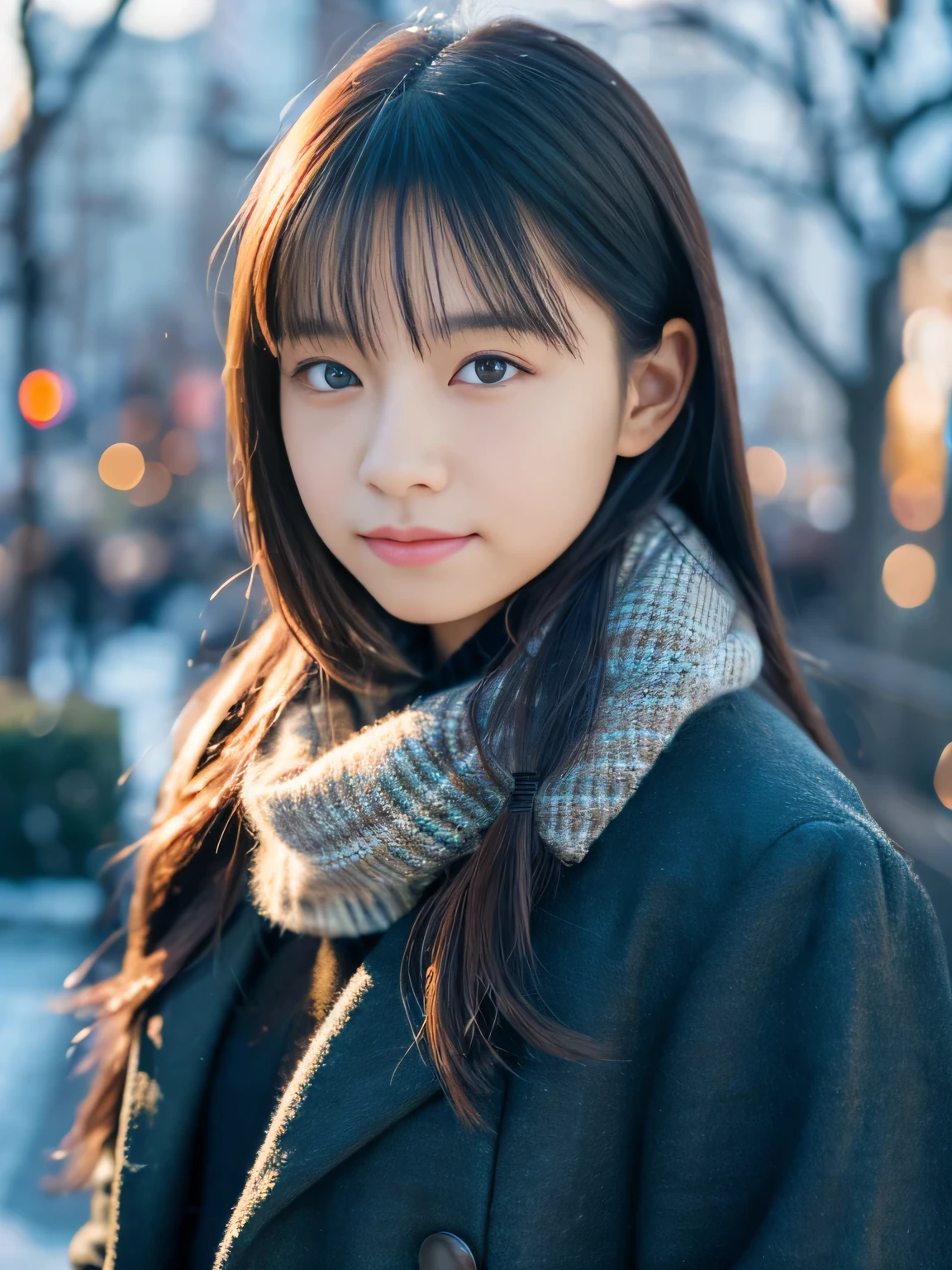 Photoreal, 8k Full Length Portrait, Beautiful woman, attractive look, 16 years old, Tokyo city, winter, Shibuya in the background