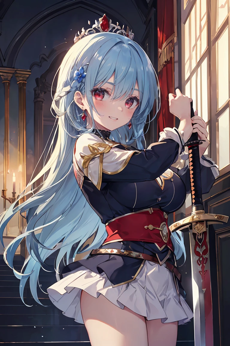 ((8K masterpiece,highest quality)), ultra high resolution, hyper detail, (1 girl), beautiful face, beautiful and delicate eyes,((red eyes)),Big eyes,shining eyes of light,Thin and long eyelashes,detailed light,((blue hair)),((long hair)),((straight hair)),big breasts,(very large thighs),thin waist,blush,(grinning smile),troubled face,(please open your mouth wide),(royal swordsman),(((Hold Sword))),silver holy armor,sacred belt around the waist,sapphire crown,gold necklace,sapphire earrings,silver hair ornament,white knee socks,scattered treasures,ambition,(royal family of darkness),(Inside the castle),action pose,motion blur,Depth of written boundary,spectacular panoramic view,Angle from the side