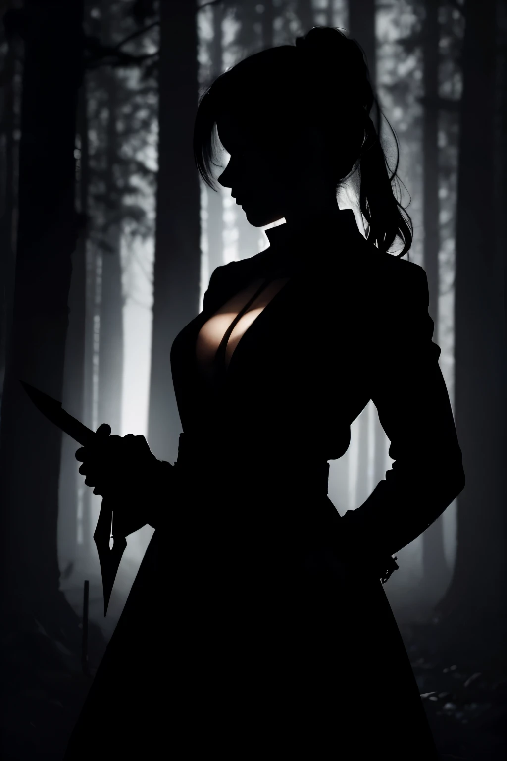 shadow silhouette of a murderous lumberjack woman with a dagger in her hands in a forest in the middle of the night, silhouette without lighting, shadow silhouette in darkness, silhueta de jazz, sombra em uma floresta. sombra sem corpo, sem rosto, sombra silhueta, silhueta sombria dentre arvores, silhueta de uma pessoa nas sombras