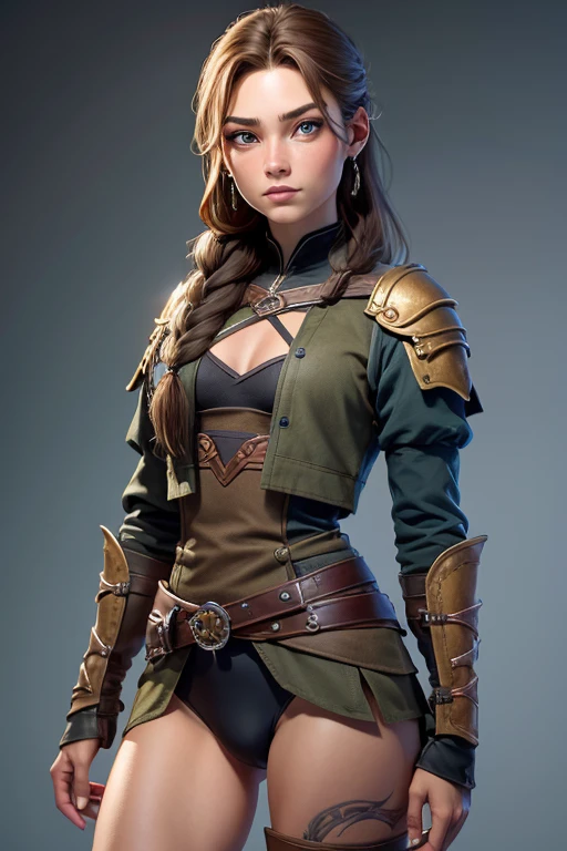 (Obra maestra, La mejor calidad) (young warrior woman of nordic descent), (ojos verdes), (Muscular), (falda de piel), (brown hair color),(loose hair with small braids on the scalp), (top con correa de cuero) plumas, capa sobre el hombro, bufas, (azul, gray and brown suit).