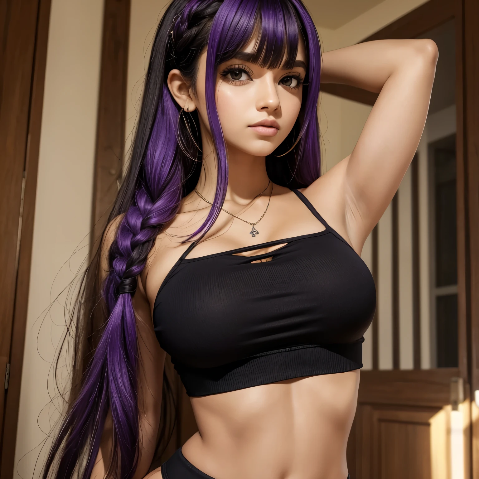 Crop top preto, ombros expostos, saia branca, olhos pretos, olhos roxos, bunda redonda pequena, peito perfeito, corpo magro, long messy braided hair with bangs, cabelo roxo, sobrancelhas finas, na sala de estar, mais detalhado, 2 arms, beleza, seios bonitos, camisa preta