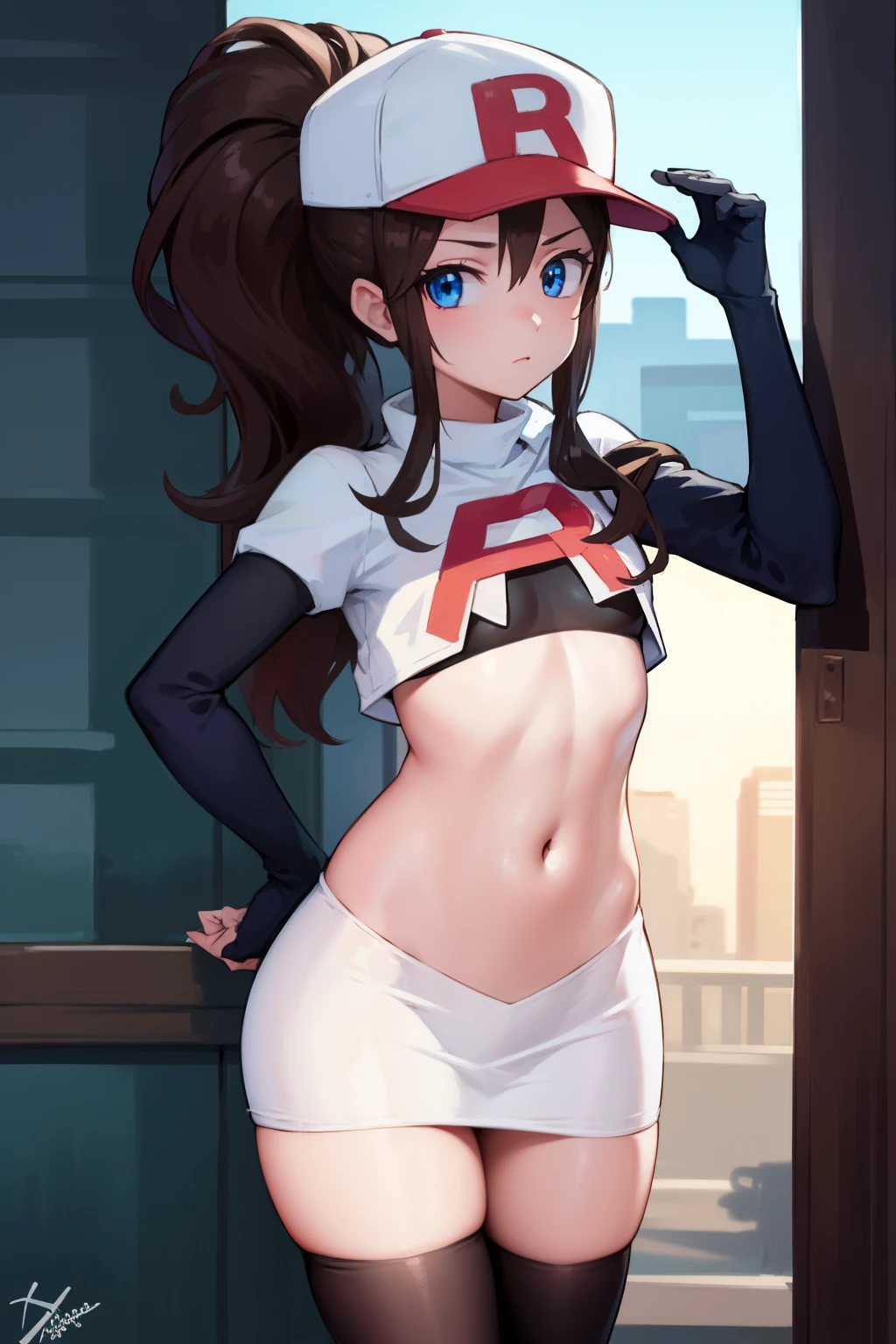 pokemonhilda, pokemonhilda, blue eyes, brown hair, long hair, ponytail, (small breasts:1.2),
BREAK baseball cap, hat, team rocket,team rocket uniform, red letter R, white skirt,white crop top,black thigh-highs,black elbow gloves
BREAK looking at viewer,
BREAK (masterpiece:1.2), best quality, high resolution, unity 8k wallpaper, (illustration:0.8), (beautiful detailed eyes:1.6), extremely detailed face, perfect lighting, extremely detailed CG, (perfect hands, perfect anatomy),