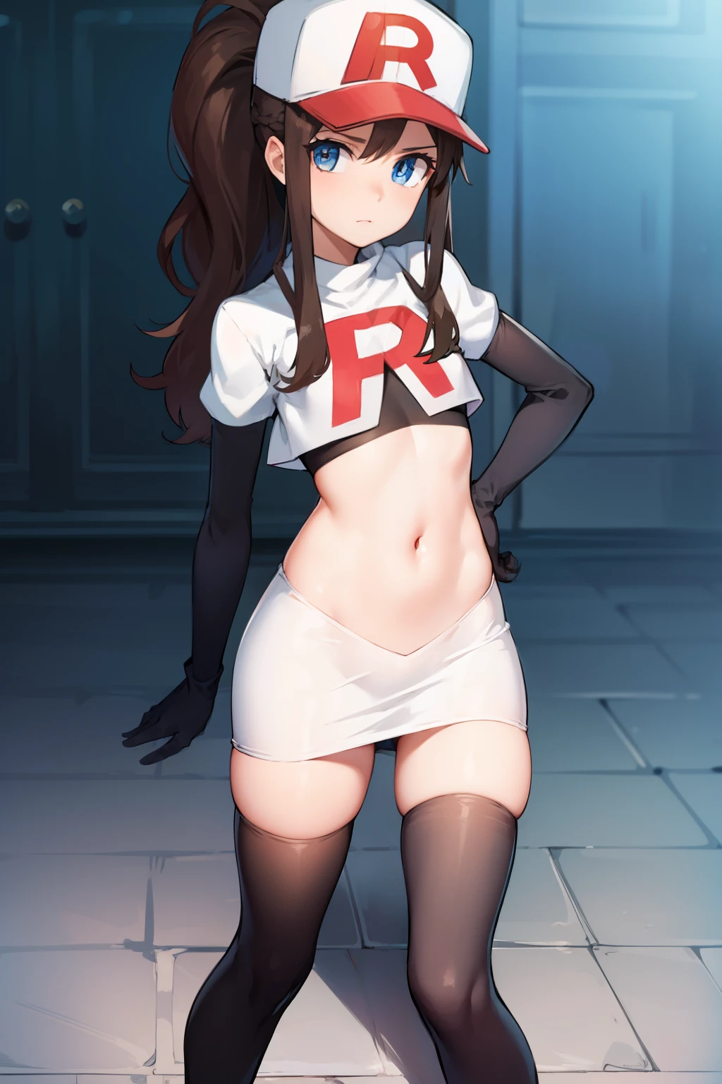 pokemonhilda, pokemonhilda, blue eyes, brown hair, long hair, ponytail, (small breasts:1.2),
BREAK baseball cap, hat, team rocket,team rocket uniform, red letter R, white skirt,white crop top,black thigh-highs,black elbow gloves
BREAK looking at viewer,
BREAK (masterpiece:1.2), best quality, high resolution, unity 8k wallpaper, (illustration:0.8), (beautiful detailed eyes:1.6), extremely detailed face, perfect lighting, extremely detailed CG, (perfect hands, perfect anatomy),