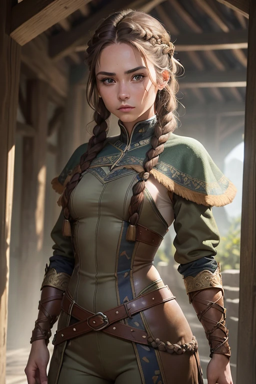 (Obra maestra, La mejor calidad) (young warrior woman of nordic descent), (ojos verdes), (Muscular), (falda de piel), (brown hair color),(loose hair with small braids on the scalp), (top con correa de cuero) plumas, capa sobre el hombro, bufas, (azul, gray and brown suit).