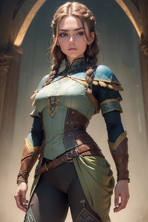 (Obra maestra, La mejor calidad) (young warrior woman of nordic descent), (ojos verdes), (Muscular), (falda de piel), (brown hair color),(loose hair with small braids on the scalp), (top con correa de cuero) plumas, capa sobre el hombro, bufas, (azul, gray and brown suit).