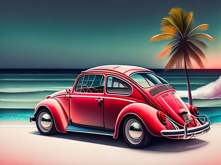 graphic design, flat design, (red convertible vw beetle), Watercolor splashes, very detailed clean, a realistic masterpiece, professional photography, realistic car, isometric, soft color vector、Volkswagen red vintage beetle, seaside, Palm tree、boat at anchor、Sea of night、starry sky、(from left、From before), pier、dark Knight、You can see a big green suitcase on it..、car trip、Ichiban star、
