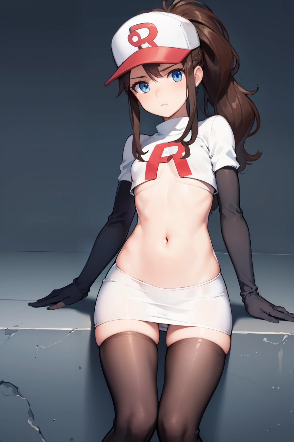 pokemonhilda, pokemonhilda, blue eyes, brown hair, long hair, ponytail, (small breasts:1.2),
BREAK baseball cap, hat, team rocket,team rocket uniform, red letter R, white skirt,white crop top,black thigh-highs,black elbow gloves
BREAK looking at viewer,
BREAK (masterpiece:1.2), best quality, high resolution, unity 8k wallpaper, (illustration:0.8), (beautiful detailed eyes:1.6), extremely detailed face, perfect lighting, extremely detailed CG, (perfect hands, perfect anatomy),