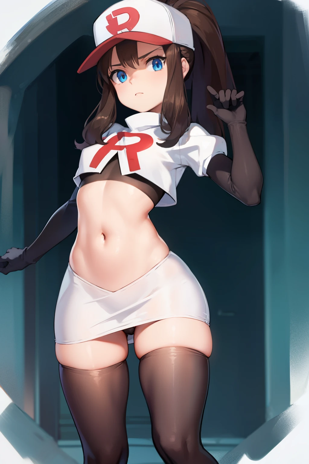 pokemonhilda, pokemonhilda, blue eyes, brown hair, long hair, ponytail, (small breasts:1.2),
BREAK baseball cap, hat, team rocket,team rocket uniform, red letter R, white skirt,white crop top,black thigh-highs,black elbow gloves
BREAK looking at viewer,
BREAK (masterpiece:1.2), best quality, high resolution, unity 8k wallpaper, (illustration:0.8), (beautiful detailed eyes:1.6), extremely detailed face, perfect lighting, extremely detailed CG, (perfect hands, perfect anatomy),