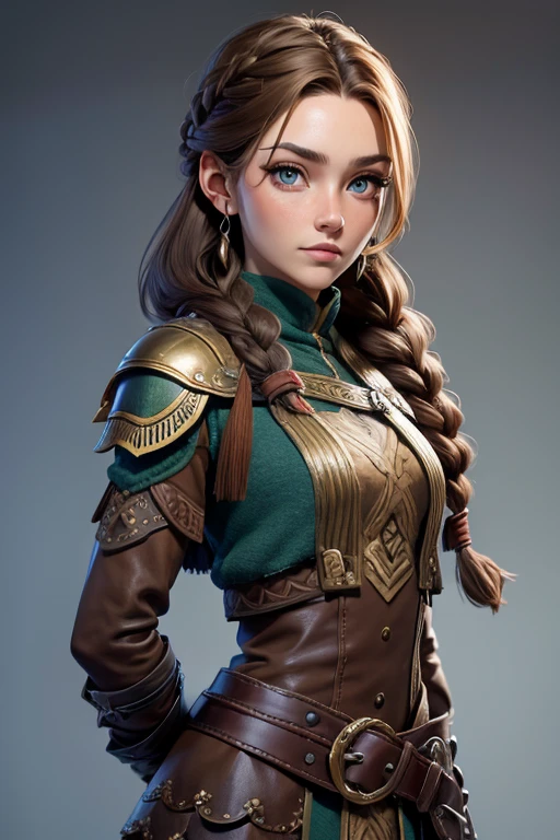 (Obra maestra, La mejor calidad) (young warrior woman of nordic descent), (ojos verdes), (Muscular), (falda de piel), (brown hair color),(loose hair with small braids on the scalp), (top con correa de cuero) plumas, capa sobre el hombro, bufas, (azul, gray and brown suit).