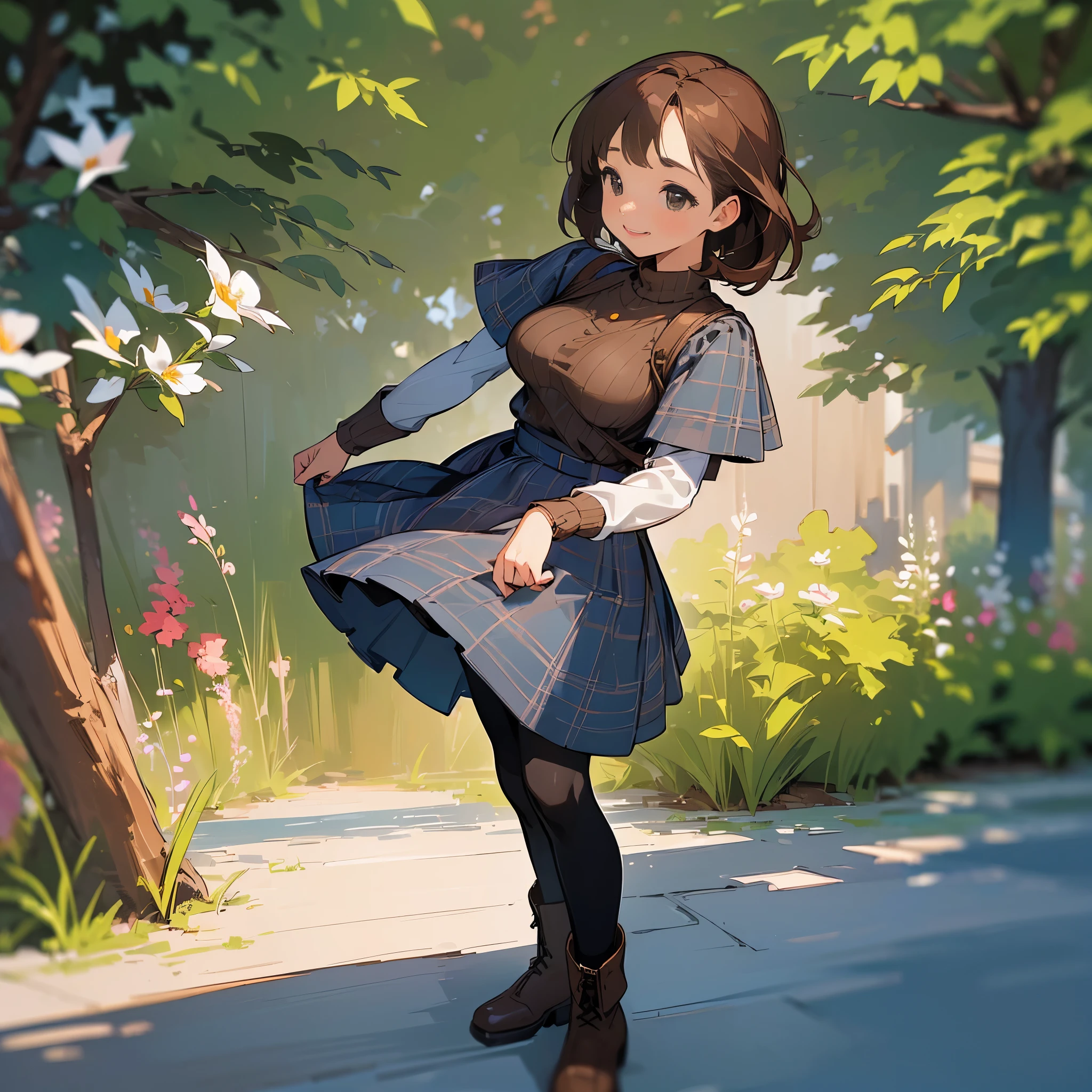 (high quality, high resolution, Super detailed, Reality:1.37), peaceful atmosphere, (outdoor, garden),  girl standing alone, (My breasts are big.), Beautiful detailed features, cute smile, (brown bob hair), ribbed sweater, blue plaid skirt, Black tights, brown boots.