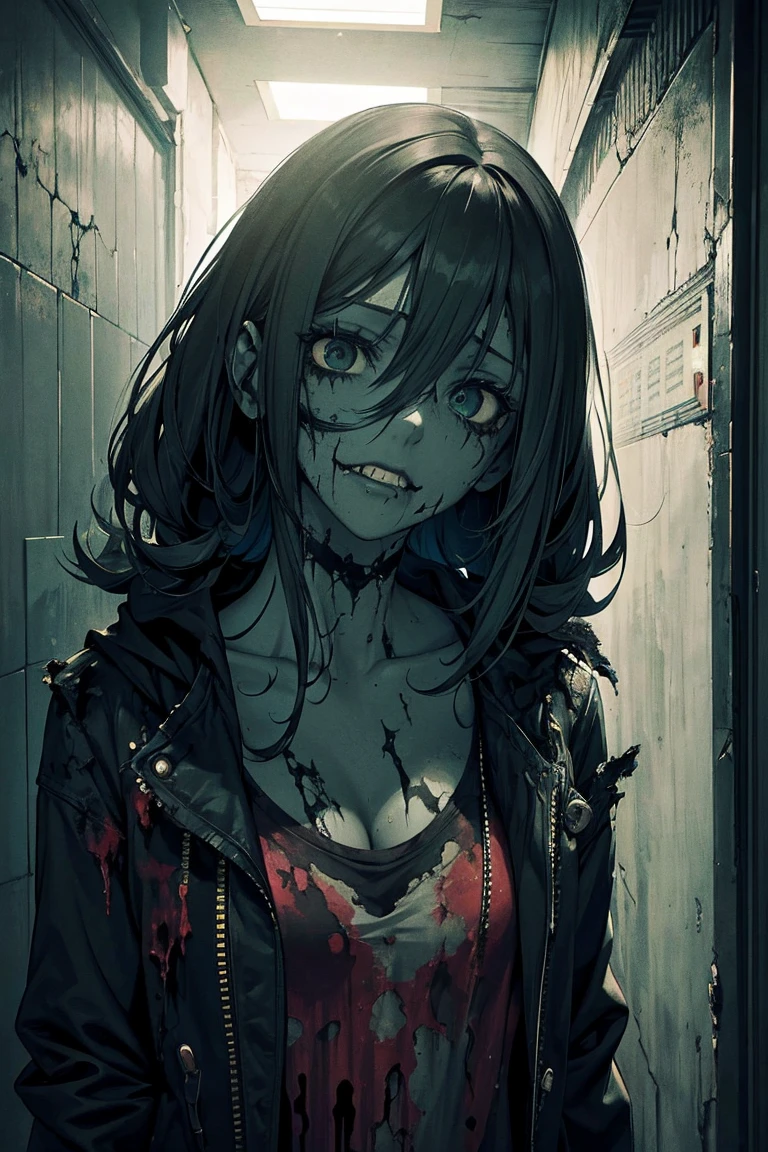 Close up, horror atmosphere, abandoned building, trashy hallway, humanoid, shes a zombie, green skin, stitches on body, black eyes, bloody mouth, ragged clothing, ripped clothes, nervous, extremely detailed wallpaper, Super detailed details, detailed shadow, very precise detailed, extremely detailed 8K wallpaper, very fine 8KCG wallpapers, 