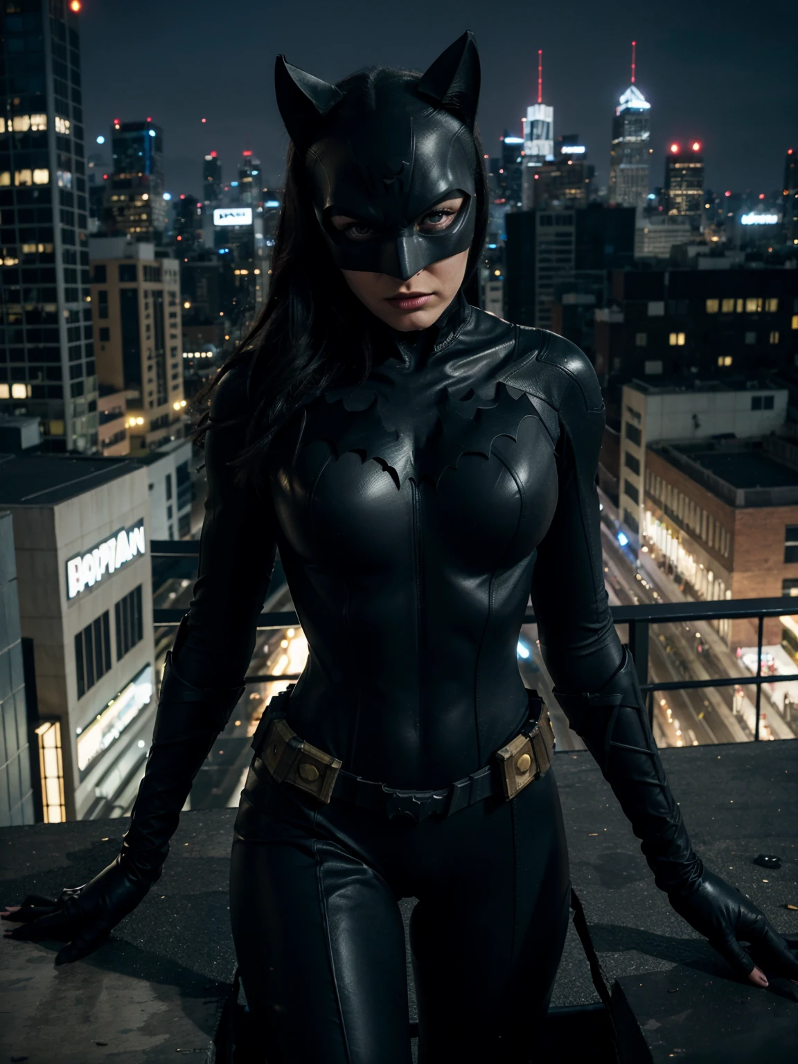 Batman make love with Cat Woman superhero suit, HDR, 4K, Hyper realistic, Photo realistic, Dramatic, on top of building, tonight