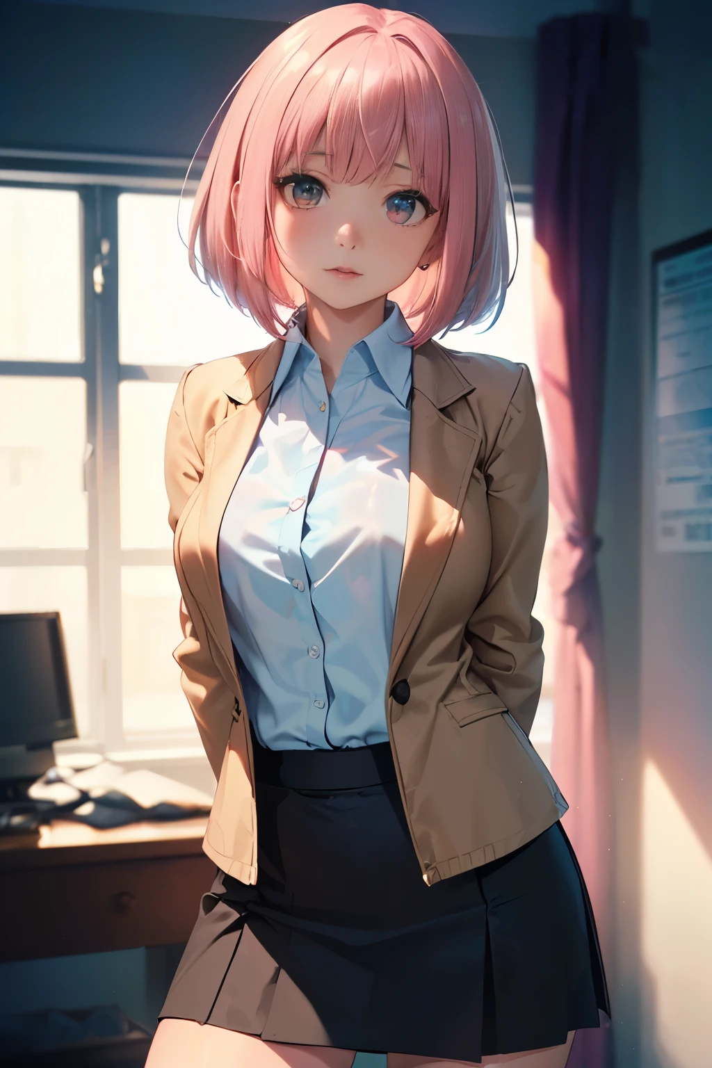 school teacher, NSFW, ((anatomically correct hand:1.5)), anime, ultra precision, masterpiece, very very beautiful, プリンセスのface, ((alone:1.5)), ((pink hair:1.5)), ((bob cut 1.5)), break, ((black eye)), shortcut, ((straight hair)), break, All limbs,((full finger:1.5)), break, ((long_sleeves)), break, ((brown jacket:1.5)), break, ((black penncil skirt:1.5)), break, ((Light blue blouse:1.5)), ((business suit:1.5)), break, (skindentation), ((skin dents)), professional lighting, (25 years old), tight waist, shiny skin (brown skin), ((oily skin)), glowing skin, looking at the viewer, ((cowboy shot:1.5)), ((dynamic pose:1.5)),  look at the camera, わずかな笑face, mouth slightly open, ((cute:1.5)), extra fine eyes, Extra-fine face, ((thin lips:1.5)), ((droopy eyes)), わずかな笑face, ((model pose:1.5)), face, look at the camera, ((large_breasts)), (()), ((anatomically correct fingers:1.5)),(((arms behind back:1.5))), ((thighs)), sexy, ((see-through)), break,