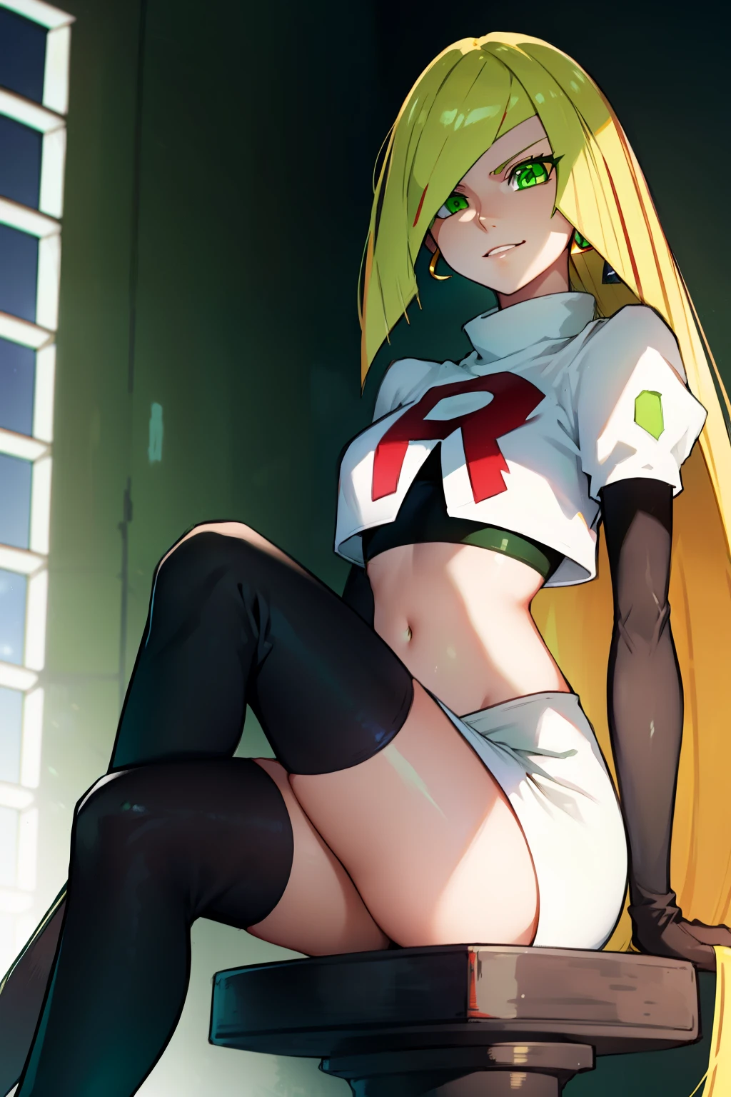 pokemonlusamine, blonde hair, (green eyes:1.5), hair over one eye, long hair, multicolored hair, streaked hair, very long hair, ,earrings, glossy lips ,team rocket uniform, red letter R, white skirt,white crop top,black thigh-high boots, black elbow gloves, evil smile, sitting down ,legs crossed, night sky background