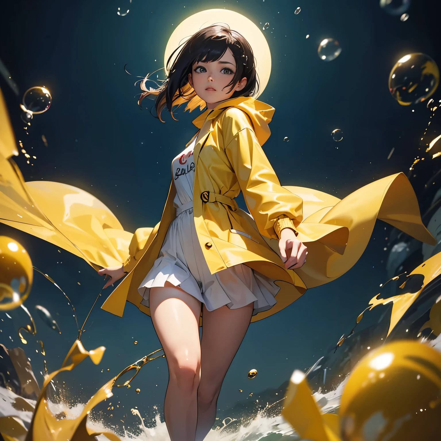 cinematic full-length photo of a woman running towards the viewer, in a yellow raincoat standing in colorful bubbles abstraction painting, respingos de tinta, cabelo molhado, chovendo tinta, com formas suaves e fluidas em uma variedade de tons vibrantes e pastel contra um fundo abstrato e minimalista, fotografia de 35mm, filme, bokeh, profissional, 4k, altamente detalhado