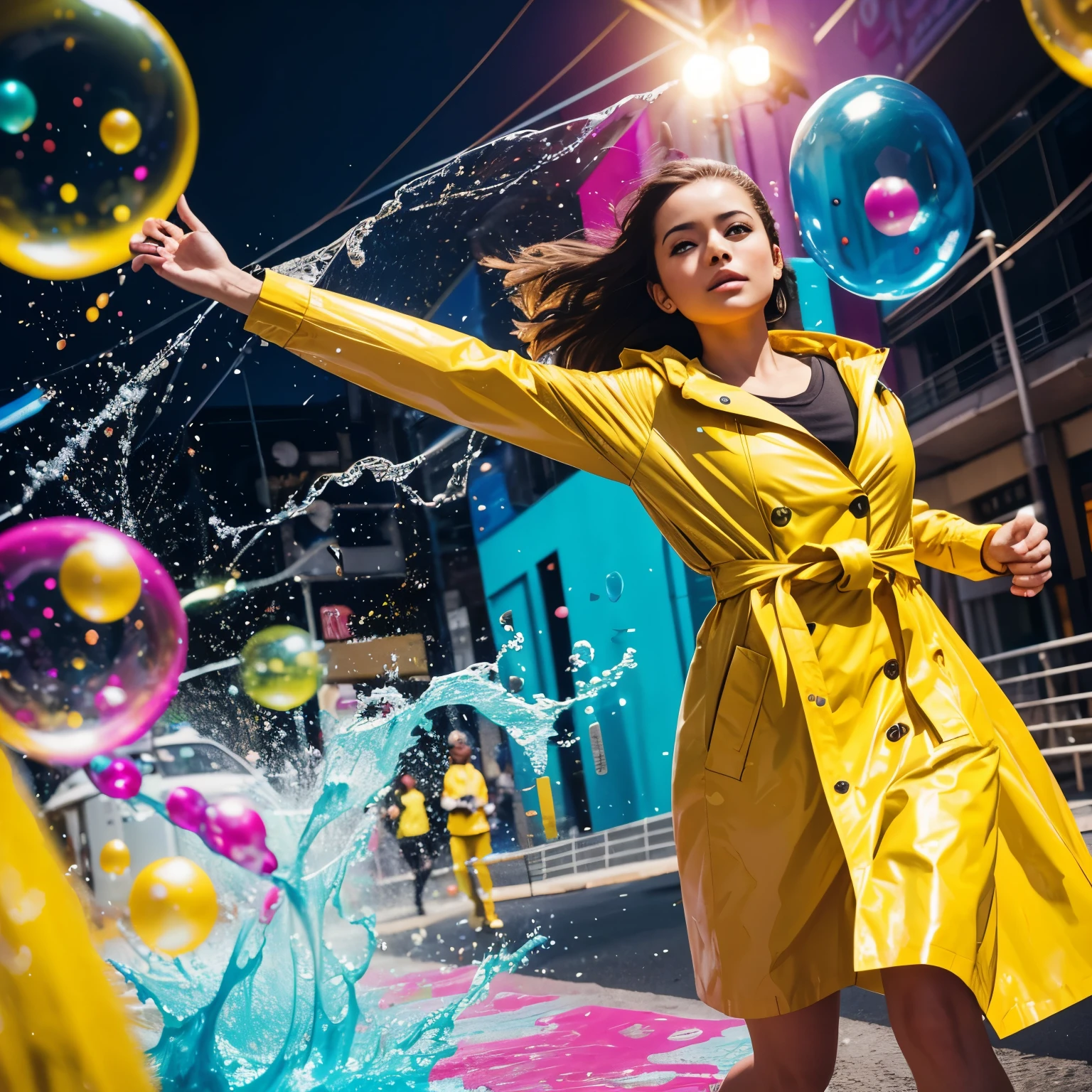 cinematic full-length photo of a woman running towards the viewer, in a yellow raincoat standing in colorful bubbles abstraction painting, respingos de tinta, cabelo molhado, chovendo tinta, com formas suaves e fluidas em uma variedade de tons vibrantes e pastel contra um fundo abstrato e minimalista, fotografia de 35mm, filme, bokeh, profissional, 4k, altamente detalhado