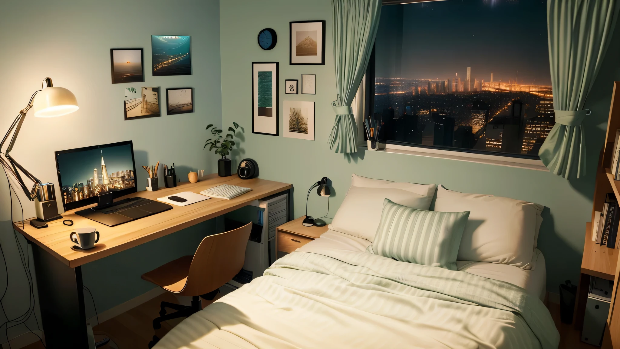 a cozy bedroom with a bed and a study table with a PC monitor and a cup of coffee on the table, uma parede com uma janela com vista noturna da cidade, There's a cup of coffee on the table