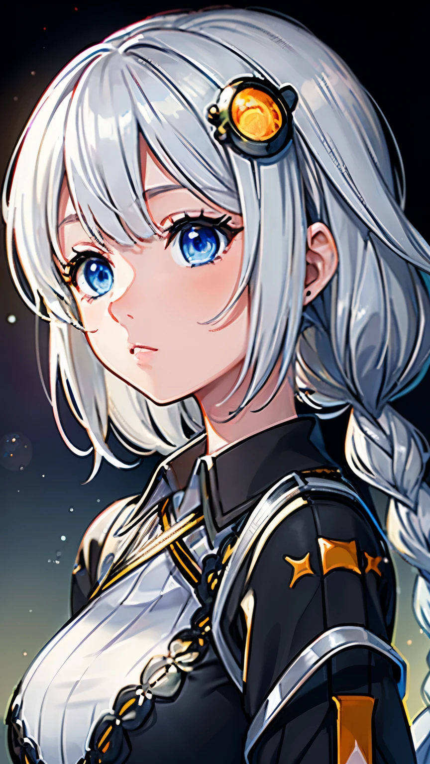 Vivid colors, ultra-realistic shading, ultra-detailed, spectacular view, beautiful transparency, ultra-high quality, extended, ((layer added 2.7)), vivid, ultra-bright colors 1.5, (high-definition CG unity 8k wallpaper: 1.3 ), beautiful ultra-sensitive art concept illustration, center color: 1.2 , (logic frenzy), [ultra-detailed skin], glossy light, lens flare 1.7, (backlight 0.9), Extremely close-up, slight bokeh , 1 girl, 1, k((((Akari Kizuna), (VOCALOID 1.2), (silver hair 1.2), (very long hair), (big braids 1.8), (round hair ornament), (blue eyes ), (eyeline 1.2)))), wearing a hat (cap), big black jacket, beautiful big eyes, sparkling eyes, look far away
