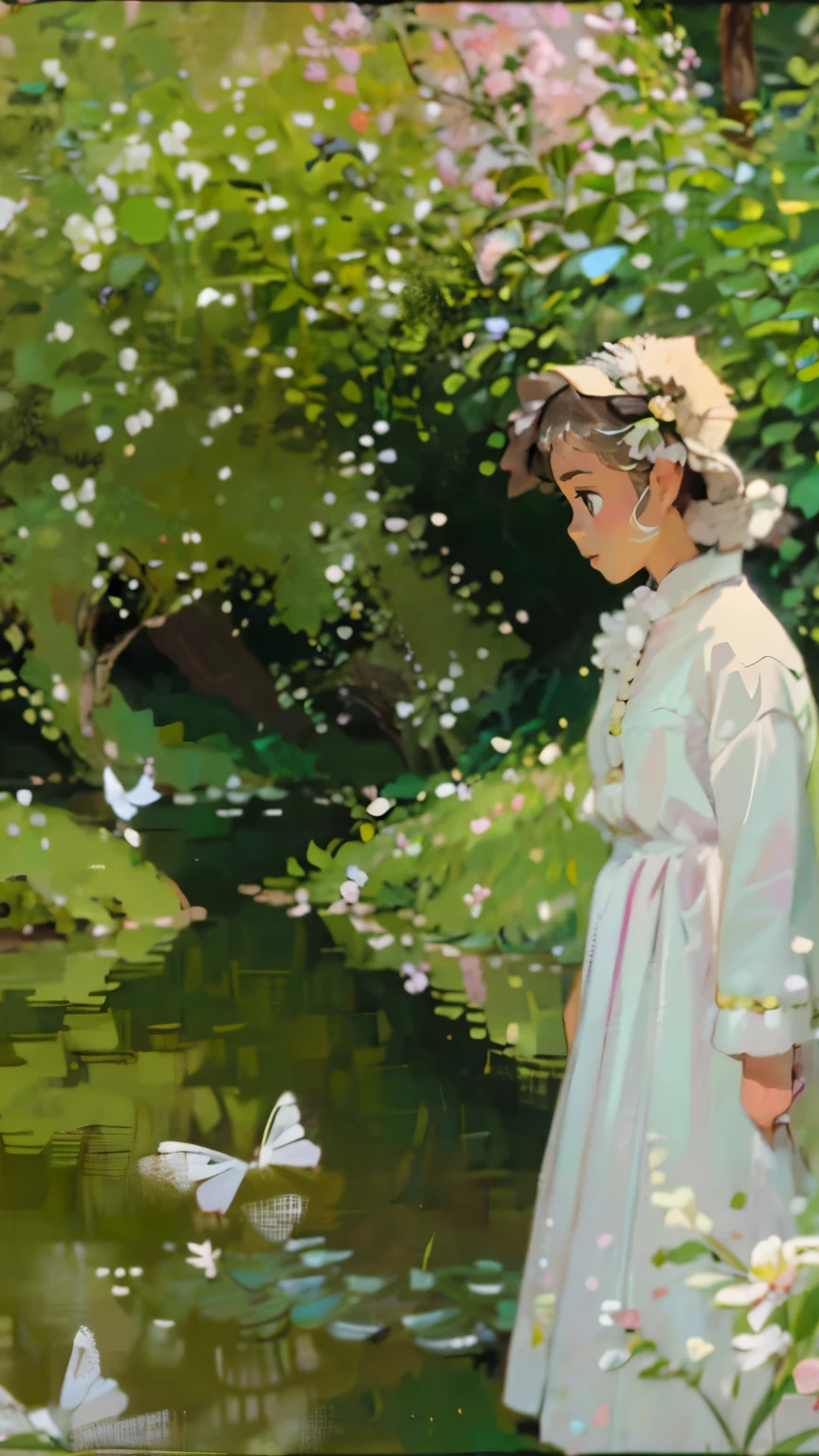 (best quality,4k,8k,highres,masterpiece:1.2),ultra-detailed,(realistic,photorealistic,photo-realistic:1.37),white braid hair girl,beautiful detailed eyes,beautiful detailed lips,long eyelashes,porcelain skin,loose white dress,dancing in a flowery garden,soft morning sunlight,whimsical atmosphere,impressionistic painting style,subtle pastel colors,ethereal lighting,serene expression,lush green vegetation,butterflies flying around,whispering wind,airy and dreamlike surroundings,dappled sunlight filtering through the trees,peaceful and tranquil ambiance,daintiness and elegance,meticulous attention to detail,vibrant blossoms in full bloom,faint fragrance of flowers in the air,breezy summer day,magical and enchanting presence,harmony between nature and beauty.