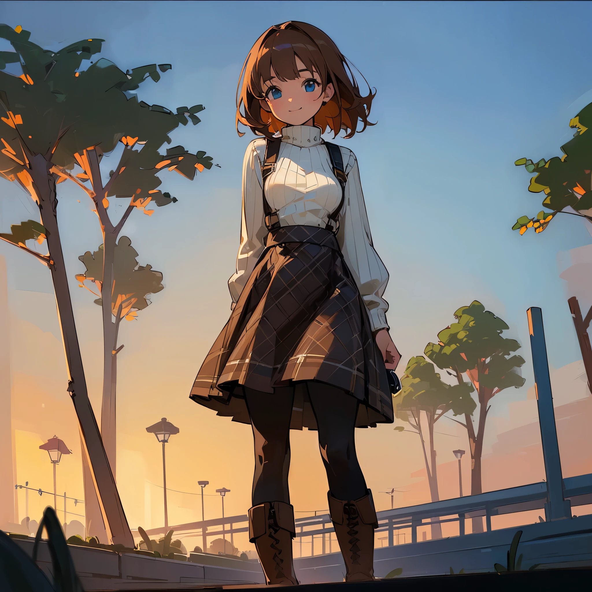 (high quality, high resolution, Super detailed, Reality:1.37), peaceful atmosphere, (outdoor, garden), Teenage girl standing alone, (My breasts are big.), Beautiful detailed features, cute smile, (brown bob hair), ribbed sweater, blue plaid skirt, Black tights, brown boots.
