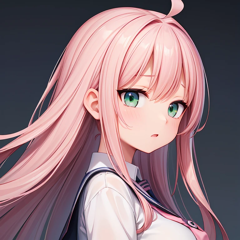 (masterpiece,best quality,detailed,8k,High resolution,hires:1.3),realistic,(centered around the face:1.4),(distance view:1.4),(head to chest),(gray background),light,1girl,(solo),Japanese girl,16yo,colossal breasts,ultra cute girl,bloom,glowing,detailed face and eyes,very pretty face,(green eyes),big eyes,tareme,(ahoge),bangs,pink hair,long hair,curly hair,(white shirt,navy blue tie),random facial expressions,random pose,from side,