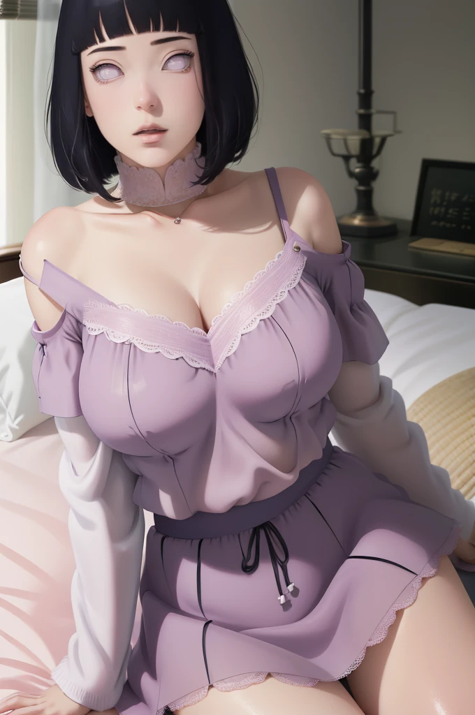 (masterpiece) (huge titusty, masterpiece, absurdres, hinata\(boruto\), 1girl, solo,mature female, off-shoulder bra, high waist short skirt, looking at viewelling petals), perfect composition, detailed lips, big breast, beautiful face, body propotion, blush, (pink lips), short hair, (black hair), purple eyes, soft gaze, super realistic, detailed, photoshoot, realistic face and body, closed mouth, laying on the bed , lilac eyes, full body, lace clothes, eating strawberry