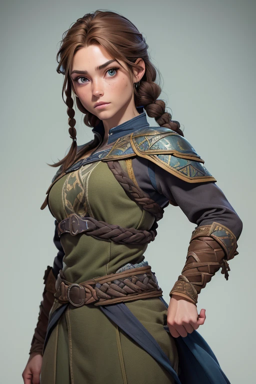 (Obra maestra, La mejor calidad) (young warrior woman of nordic descent), (ojos verdes), (Muscular), (falda de piel), (brown hair color),(loose hair with small braids on the scalp), (top con correa de cuero) plumas, capa sobre el hombro, bufas, (azul, gray and brown suit).