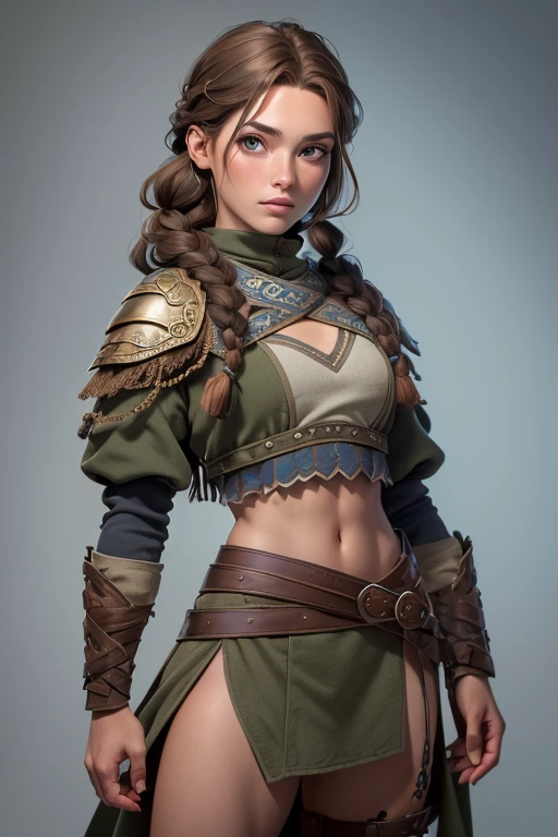 (Obra maestra, La mejor calidad) (young warrior woman of nordic descent), (ojos verdes), (Muscular), (falda de piel), (brown hair color),(loose hair with small braids on the scalp), (top con correa de cuero) plumas, capa sobre el hombro, bufas, (azul, gray and brown suit).