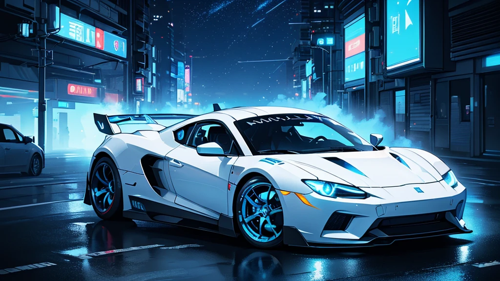 (white sports car, blue headlights, car racing, blue smoke), (blue cyberpunk city, blue neon, starry sky), (8k, extremaly detailed, lighting like a movie, lense flares)