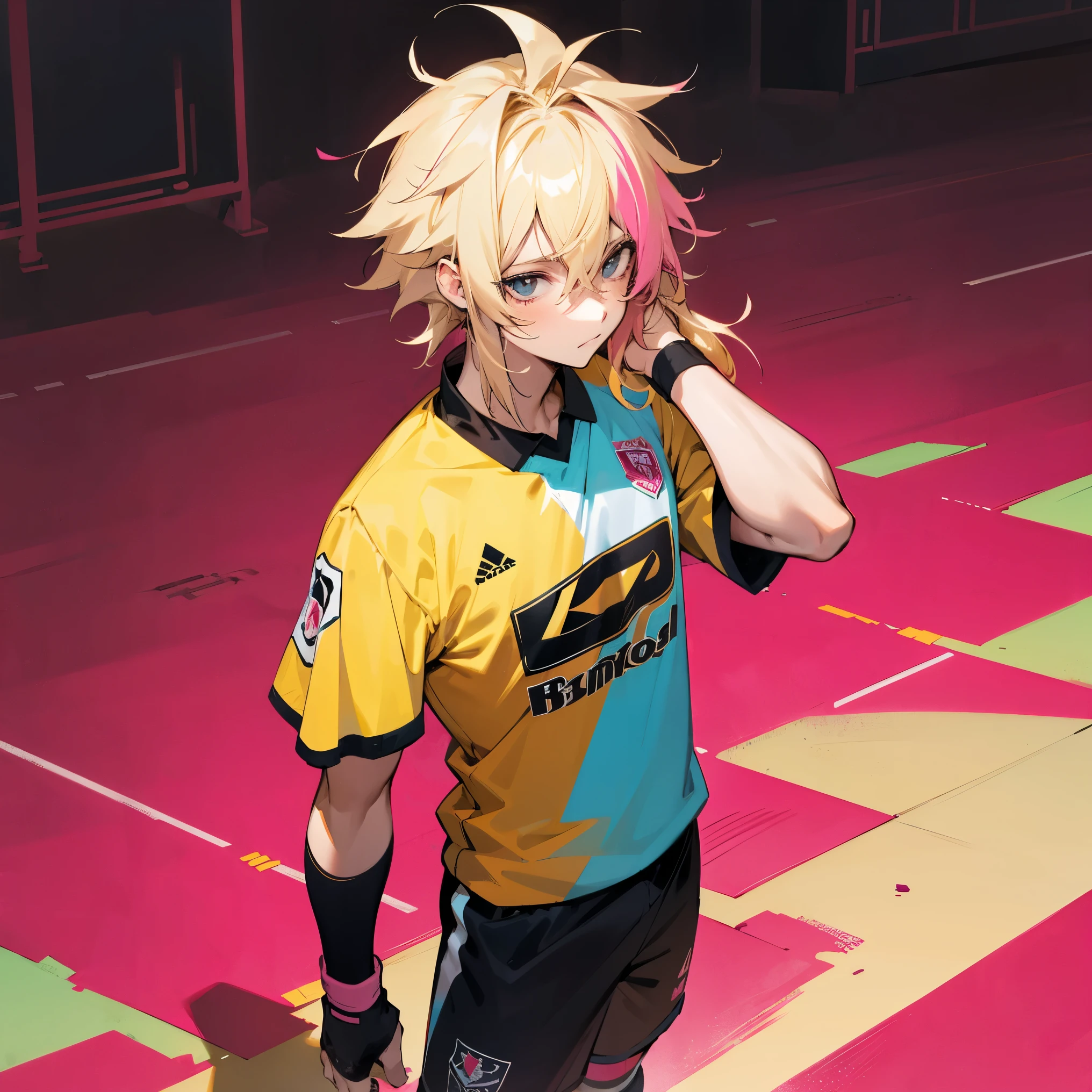 Blonde Hair , Messy Hair , Multicolored Hair , Blonde and Pink Hair , Red Soccer Jersey , Standing on soccer field , 1male , Mullet