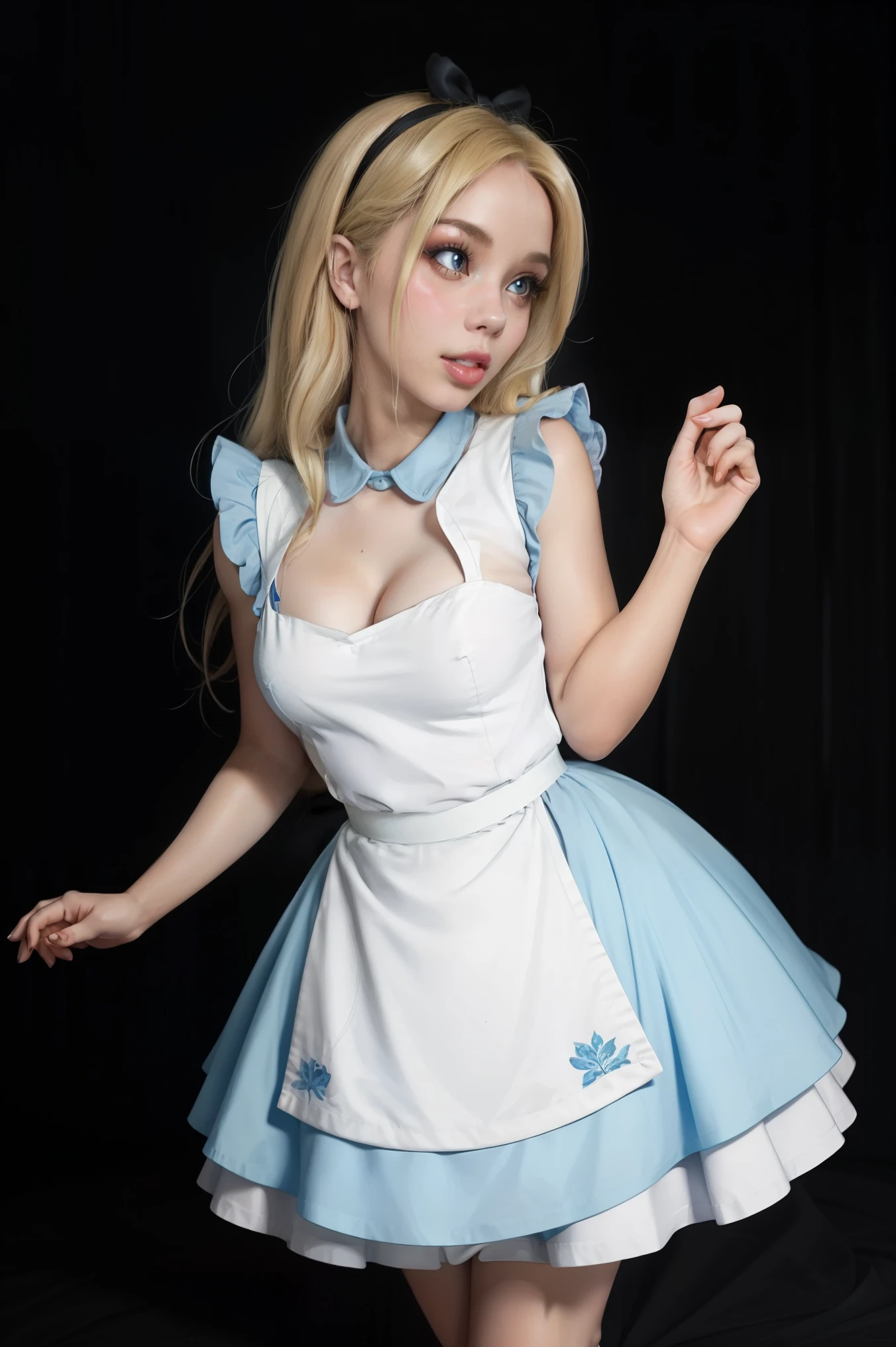 masterpiece, 1girl, (solo:1.5), make her a sexy Alice in Wonderland with blonde hair, powder blue dress with white apron, white stockings, cleavage, dynamic, ultra high def, 32k, (perfect anatomy:1.5), perfect legs, perfecrt arms, ahegao, rolling eyes, in the style of Artgerm and Adam Hughes, ,