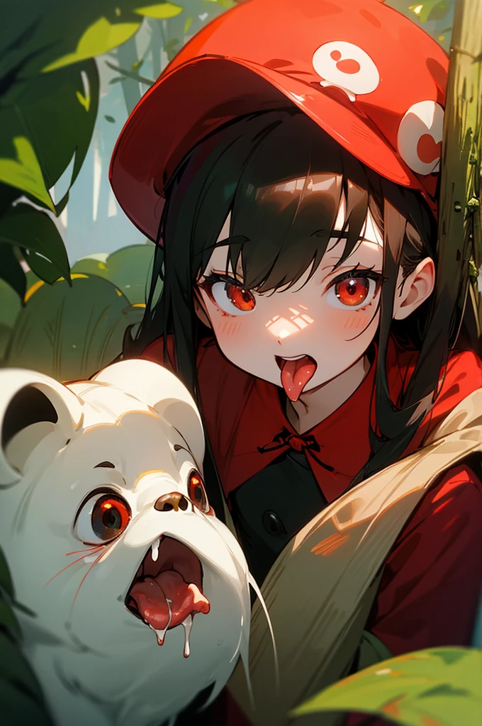 in the deep forest、Cute girl wearing a red food coat。holding matsutake mushroom in hand、Eyes shine、open your mouth wide、trying to devour。Wearing a red hood。While salivating、licking it with my tongue。