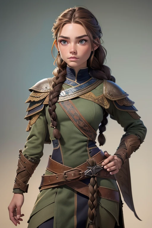 (Obra maestra, La mejor calidad) (young warrior woman of nordic descent), (ojos verdes), (Muscular), (falda de piel), (brown hair color),(loose hair with small braids on the scalp), (top con correa de cuero) plumas, capa sobre el hombro, bufas, (azul, gray and brown suit).