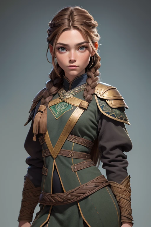 (Obra maestra, La mejor calidad) (young warrior woman of nordic descent), (ojos verdes), (Muscular), (falda de piel), (brown hair color),(loose hair with small braids on the scalp), (top con correa de cuero) plumas, capa sobre el hombro, bufas, (azul, gray and brown suit).