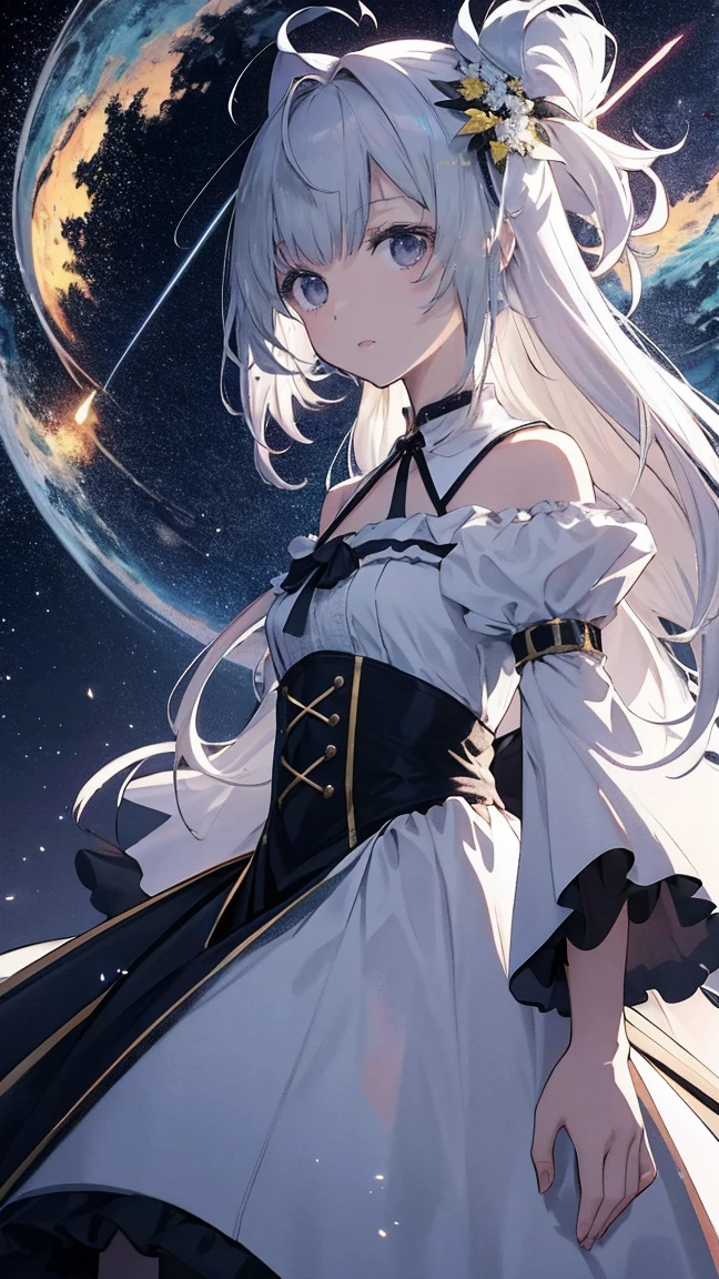 (master part, best quality:1.2), cowboy shot, sozinho, 1girl, Sheryl Nome, sorrir, boca fechada, Olhando para o Viewer, strapless dress, espartilho, saia em camadas, coxas grossas, bareshoulders, outer space, estrela (heaven)