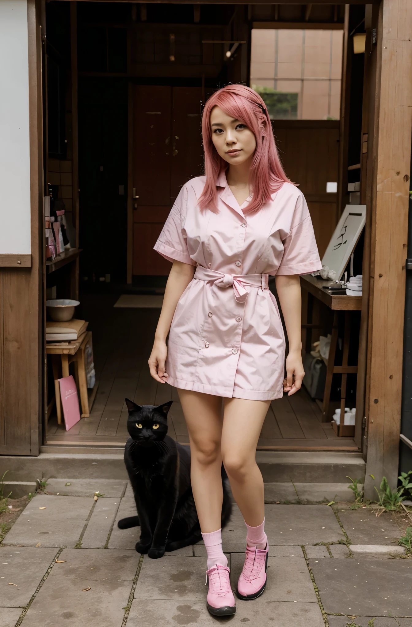 japonese,pink hair,black cat