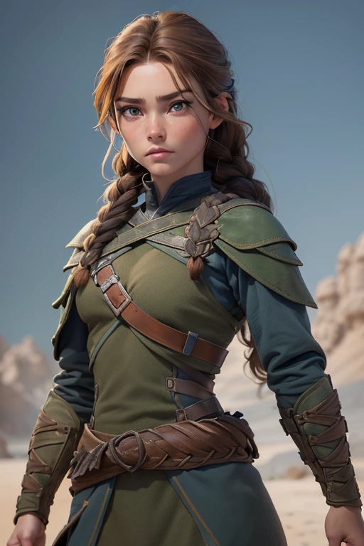 (Obra maestra, La mejor calidad) (young warrior woman of nordic descent), (combat position) (ojos verdes), (Muscular), (falda de piel), (brown hair color),(loose hair with small braids on the scalp), (top con correa de cuero) plumas, capa sobre el hombro, bufas, (azul, gray and brown suit).