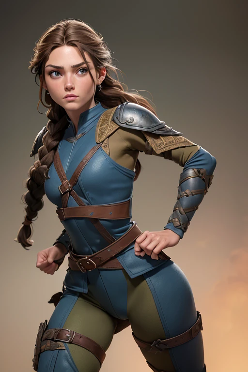 (Obra maestra, La mejor calidad) (young warrior woman of nordic descent), (combat position) (ojos verdes), (Muscular), (falda de piel), (brown hair color),(loose hair with small braids on the scalp), (top con correa de cuero) plumas, capa sobre el hombro, bufas, (azul, gray and brown suit).
