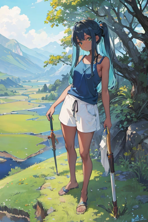 (best quality,4k,highres,masterpiece:1.2),realistic,detailed depiction,1girl,beautiful,a girl,frontal view full body like a concept art character standing still pose, looking at the viewer ,chocolate brown skin,eyes with a gradient of blue and green,hair with a gradient of blue and green as well,simple tank top,left hand holding a hoe,a countryside landscape in the background in the style of Studio Ghibli.