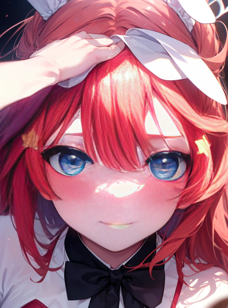 Satsuki Nakano, Itsuki Nakano, bangs, blue eyes, hair between eyes, Ahoge, redhead, star \(symbol\), hair ornaments, star hair ornaments,(Bunny girl:1.5),(Red Playboy Bunny:1.0),Red rabbit eared headband,stage,whole body,smile,blush,break (masterpiece:1.2), highest quality, High resolution, unity 8k wallpaper, (shape:0.8), (beautiful and detailed eyes:1.6), highly detailed face, perfect lighting, Very detailed CG, (perfect hands, perfect anatomy),