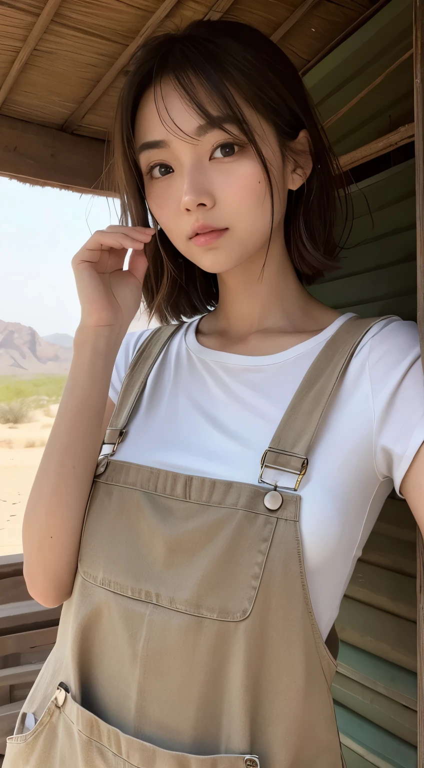 {{NSFW}},((highest quality、In 8K、master piece:1.1))、fisheye lens 、1 woman、japanese woman、Cute 20 year old woman、Cute round face、delicate and beautiful skin、human-like skin、realistic skin feel、複雑な色hair of、complicated hairstyle、gloss々hair of、Tie your hair to the side、、Forehead、two block、Sheared hair、ear length hair、Put out both ears、Looking at the camera、look at camera、raise your chin slightly、double round big eyes、super delicate eyes、super detailed face、high detailed lips、thick lips、Emphasize the face、cool woman、strong woman、Above the chest、Slender body,covered erect nipples,shiny skin,Take a full body photo、feminine toned body、Wild Lady、desert、荒れた荒野に立つWild Lady、military clothing、dirty with dirt or sand、the wind is strong、Hair disheveled by the wind、tanned skin、Wheat-colored healthy skin、Military Shirts、迷彩柄のoveralls、overalls、face is dirty with dirt、The gesture of wiping a dirty face with one's arm、A woman standing on a road in the wilderness、The body is facing forward、backpacker woman、