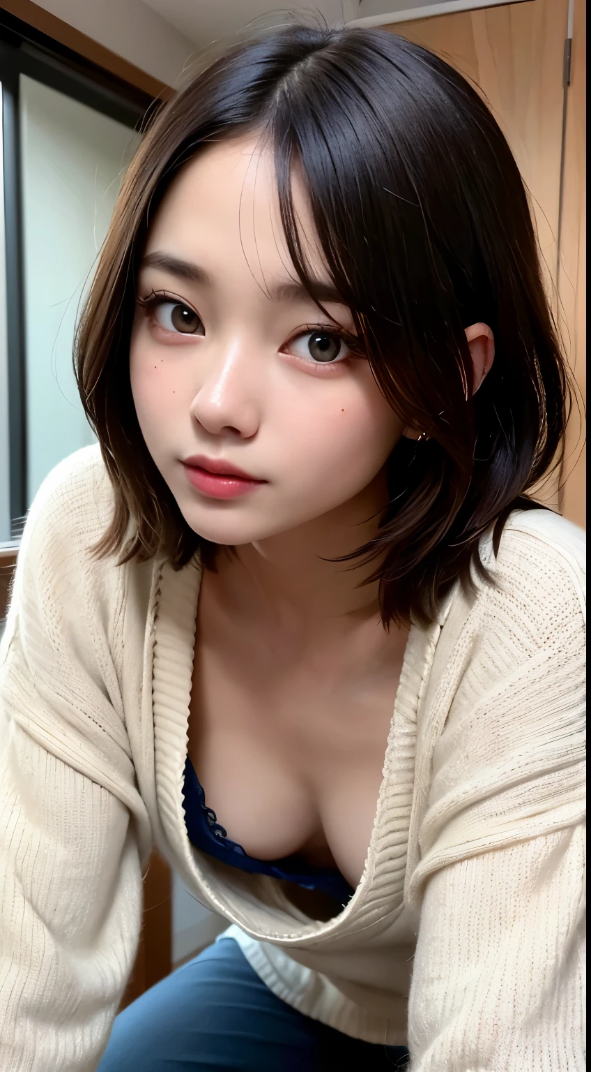 (A hyper-realistic), (illustratio), (hight resolution), (in 8K), (ighly detailed), (The best illustrations), (beatiful detailed eyes), (top-quality), (ultra-detailliert), (​masterpiece), (wall-paper), (详细的脸), in the armpits,Brown hair color, short-haired,Upper fullbody,Girl in white tight rib knit tops, japanes, Colossal tits, (camel's toe),lying down on the bed