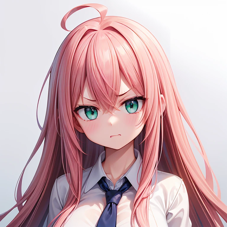 (masterpiece,best quality,detailed,8k,High resolution,hires:1.3),realistic,(centered around the face:1.4),(distance view:1.4),(head to chest),(gray background),light,1girl,(solo),Japanese girl,16yo,colossal breasts,ultra cute girl,bloom,glowing,detailed face and eyes,very pretty face,(green eyes),big eyes,tareme,(ahoge),bangs,pink hair,long hair,curly hair,(white shirt,navy blue tie),random facial expressions,random pose,from side,(Get angry:1.2),