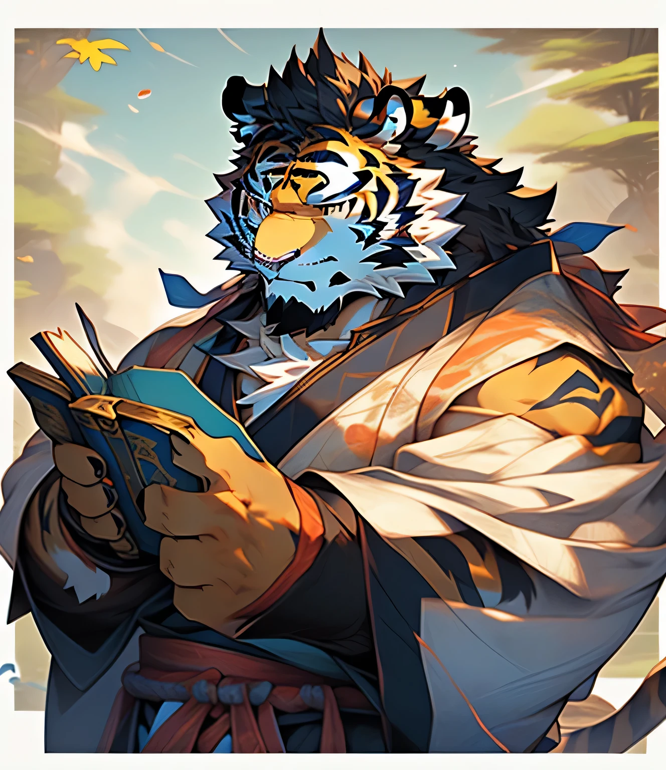 A man wearing Hanfu、Close-up of tiger holding a book, high resolution committee, tabasi monk, Inspired by Li Kan, Inspired by Hu Zaobin, portrait, official character art, Inspired by Huang Shen, Official character illustrations, 《Genshin》Ke Qingyu, Onmyoji Detailed Art, Inspired by Huang Ding